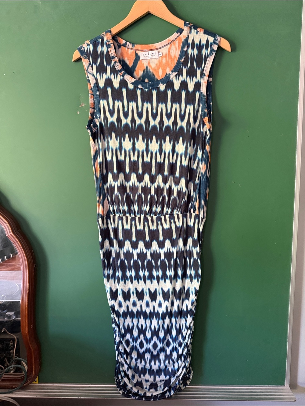 Velvet by Graham & Spencer Navy & Peach Ikat Midi Dress Womens M